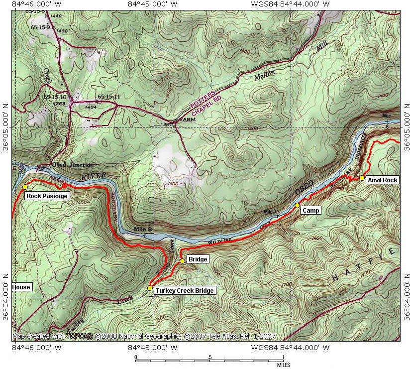 Topo map 3 for the Obed River trail section