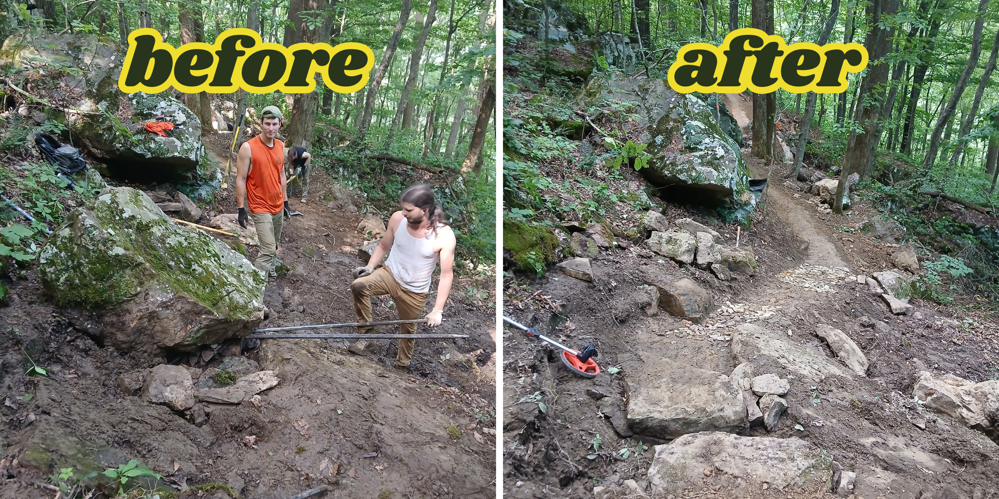 Before and After of a bolder field section on Bird 1